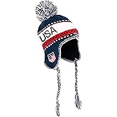 USA Winter Knit Beanie With Pom - Ski Cap, Peruvian Hat With Ear Flaps and Fleece Lining