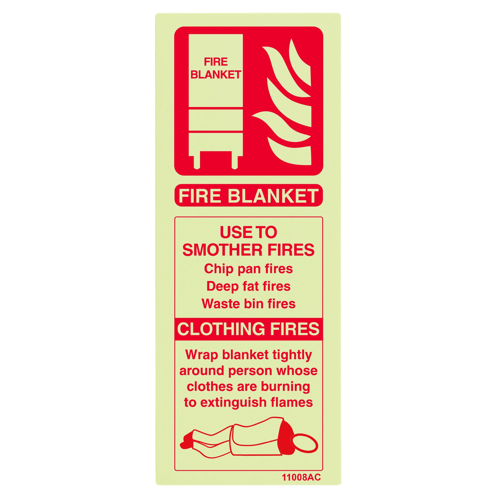 VSafety Glow In The Dark Fire Blanket Id Fire Extinguisher Sign - 75mm x 200mm - Self Adhesive Vinyl