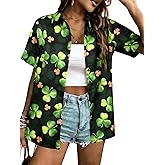 St Patricks Day Button Up Shirt Women Irish Lucky Clover Print Shirts Hawaiian Summer Vacation Short Sleeve Top Blouses