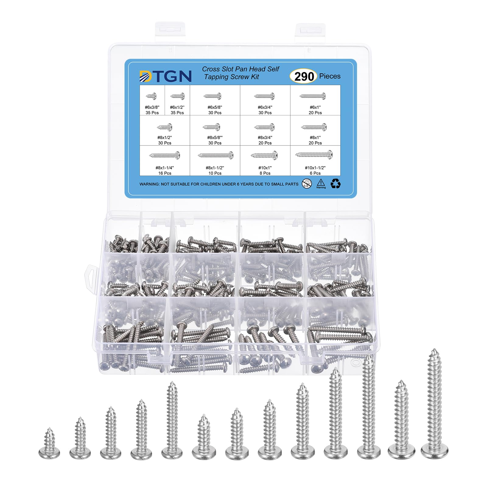 DTGN 304 Stainless Steel Wood Screws Assortment Kit, Phillips Pan Head Sheet Metal Screws Self Tapping Screws,Washed Silver(Size:#6x3/8-#10x1-1/2-290pcs)