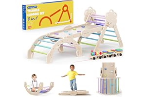 COSYLAND Pikler Triangle Set 8 in 1 - Adjustable 3-Level Montessori Climbing Toys for Toddlers 18M-6Y, Foldable Wooden Indoor Jungle Gym & Playground with Train Toy & Gift Box, Cool Tones