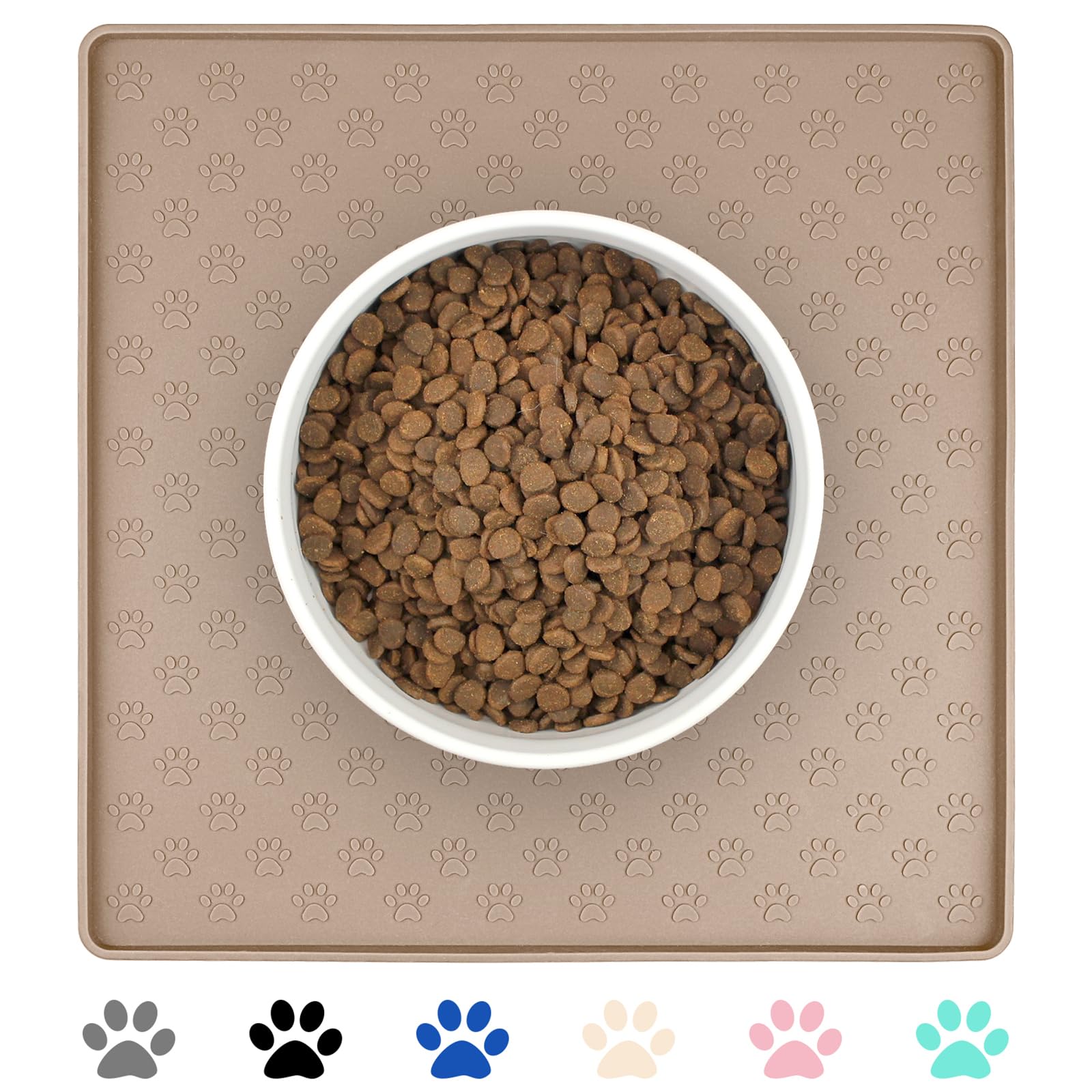 Photo 1 of Ptlom Dog Food Mat Anti-Slip Bowl Mats for Food and Water, Waterproof Silicone Pet Placemat with High Raised Edges, Non-Slip Puppy Feeding Tray for Small, Medium Large Cats Dogs, Taupe, 11.8"x11.8"