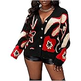 WDIRARA Women's Floral Button Down Cardigan Sweater Oversized V Neck Long Sleeve Knit Outerwear
