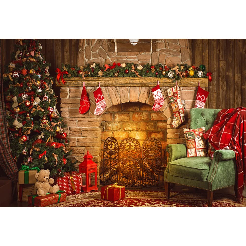 Aoihrraan 3x2m Christmas Fireplace Backdrop Xmas Tree Sock Gift Brick Warm Fireplace Sofa Wooden Wall Red Carpet Photography Background New Year Party Decoration Kids Adults Portrait Photo Props