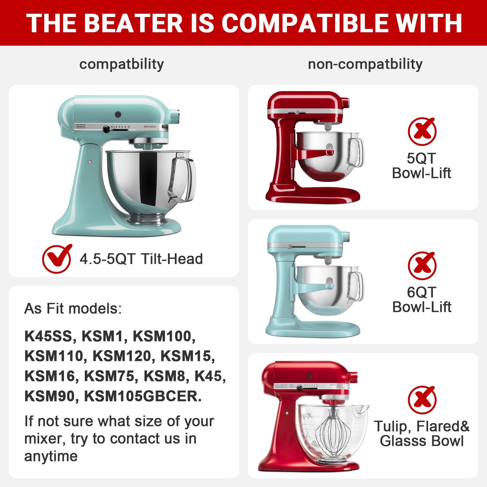 Fgreeble Flex Edge Beater Attachment for Kitchenaid Mixer 4.5-5 Quart Tilt-Head - Paddle Attachment for Kitchenaid Mixers