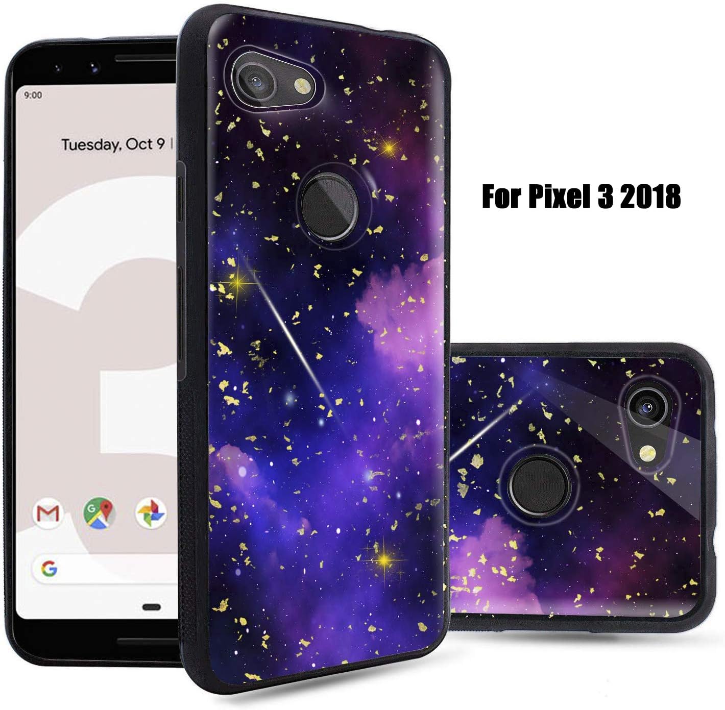 AIMUHO Google Pixel 3 Case, Ultra Slim Soft TPU Bumper + Hard PC Back Shockproof Glossy Bling Case for Google Pixel 3 2018 - Meteor Galaxy