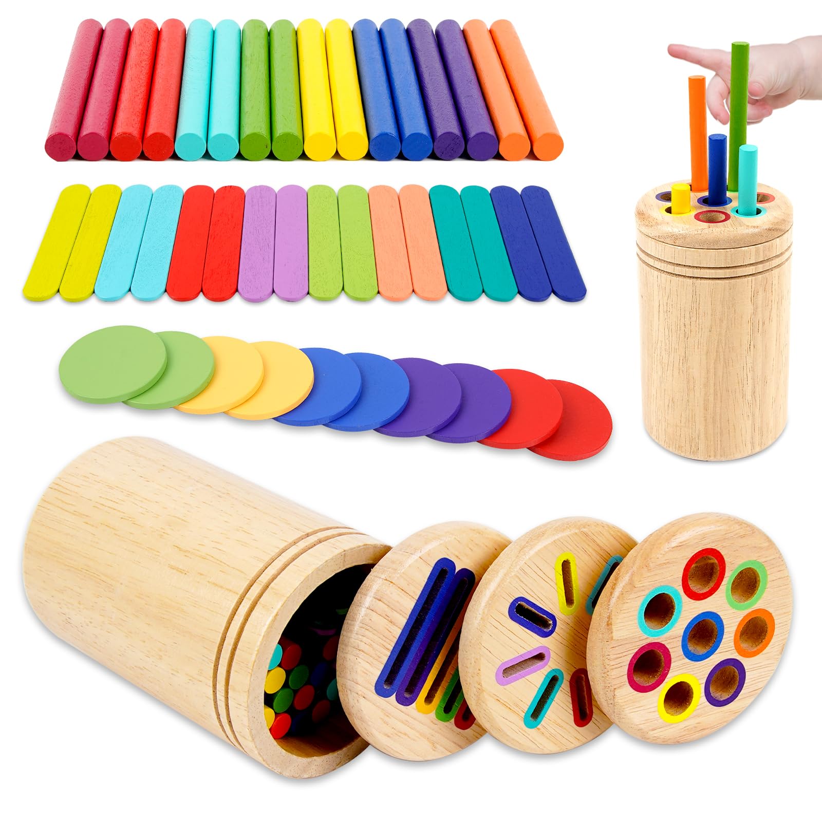 Pengshow 3 In 1 Montessori Toys, Wooden Color Sorting Toy, Shape Sorting Toy, Wooden Sorting and Stacking Toys, for 1 2 3 Year Old Educational Stackings Shape Sorter Learning Toy for Boys Girls