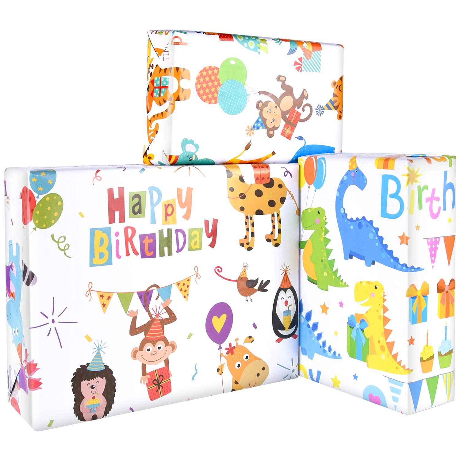 PLULON 6 Sheets Kids Dinosaur Happy Birthday Gift Wrapping Paper, Cute Cartoon Animal Birthday Wrapping Paper, Gift Wrap Paper Craft Present for Gift and Party