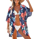 Women's Floral Print Puff Sleeve Kimono Cardigan Loose Cover Up Casual Blouse Tops