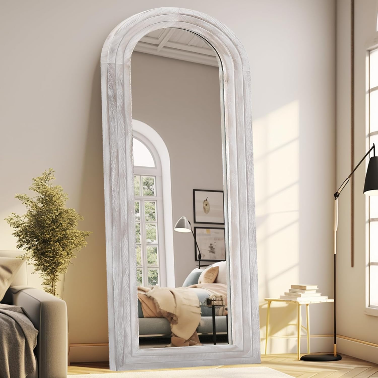Photo 1 of ***SIMIAR*** Arched Full Length Mirror with Solid Wood Frame, 65x22 Farmhouse Wall Mirror Full Length with Stand, Vertical Hanging, Leaning Standing for Bedroom, Living Room, Rustic White