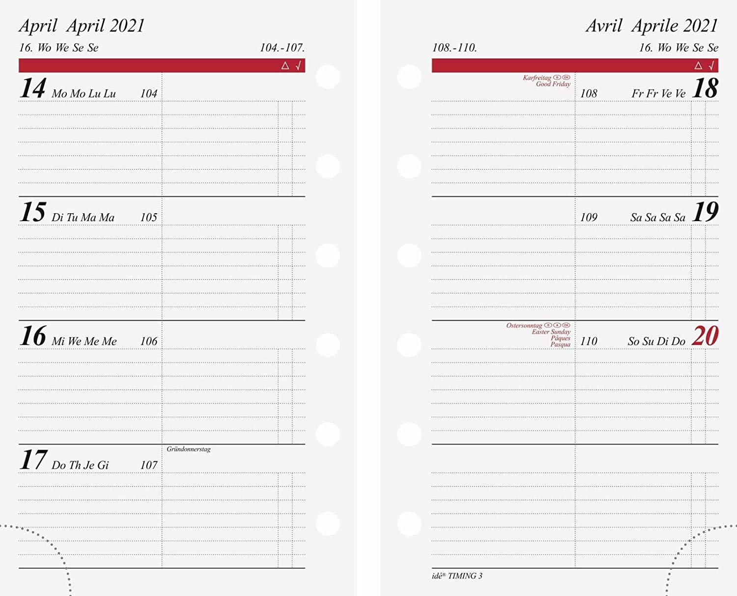 rido/idé 7067910001 weekly calendar/schedule systems 2021, 2 pages = 1 week, sheet size 7.6 x 12.7 cm.