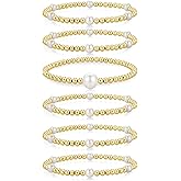 Yoosteel Valentines Day Gifts for Her Kids Teen Girl - 14K Gold Plated Dainty Round Beaded Ball Pearl Cross Bracelet Stack Set for Women Trendy Non Tarnish Teenage Girls Stackable Jewelry Gift