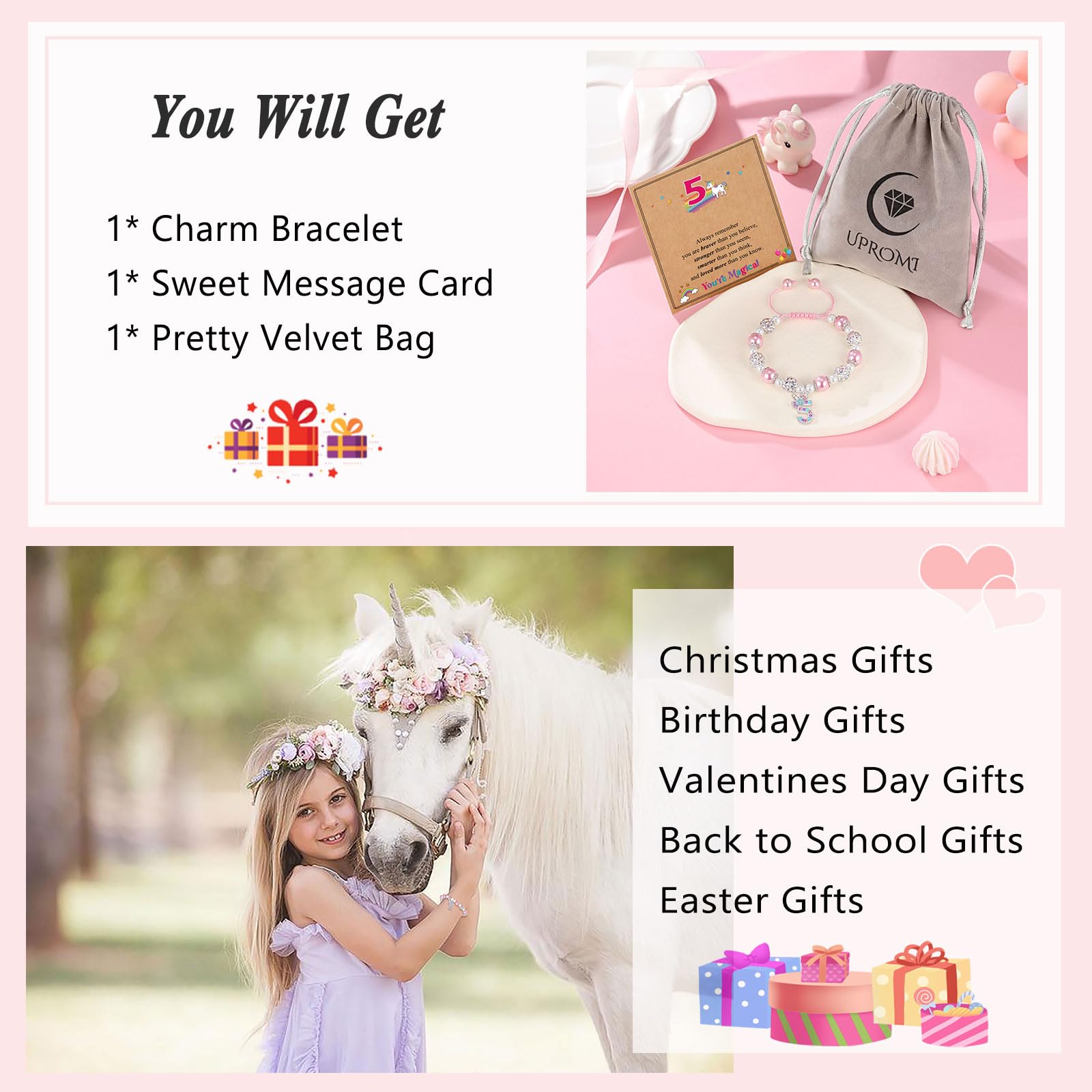 UPROMI Birthday Gifts for 3-12 Year Old Girl Unicorn Bracelet, Christmas Gifts for Daughter/Granddaughter/Niece