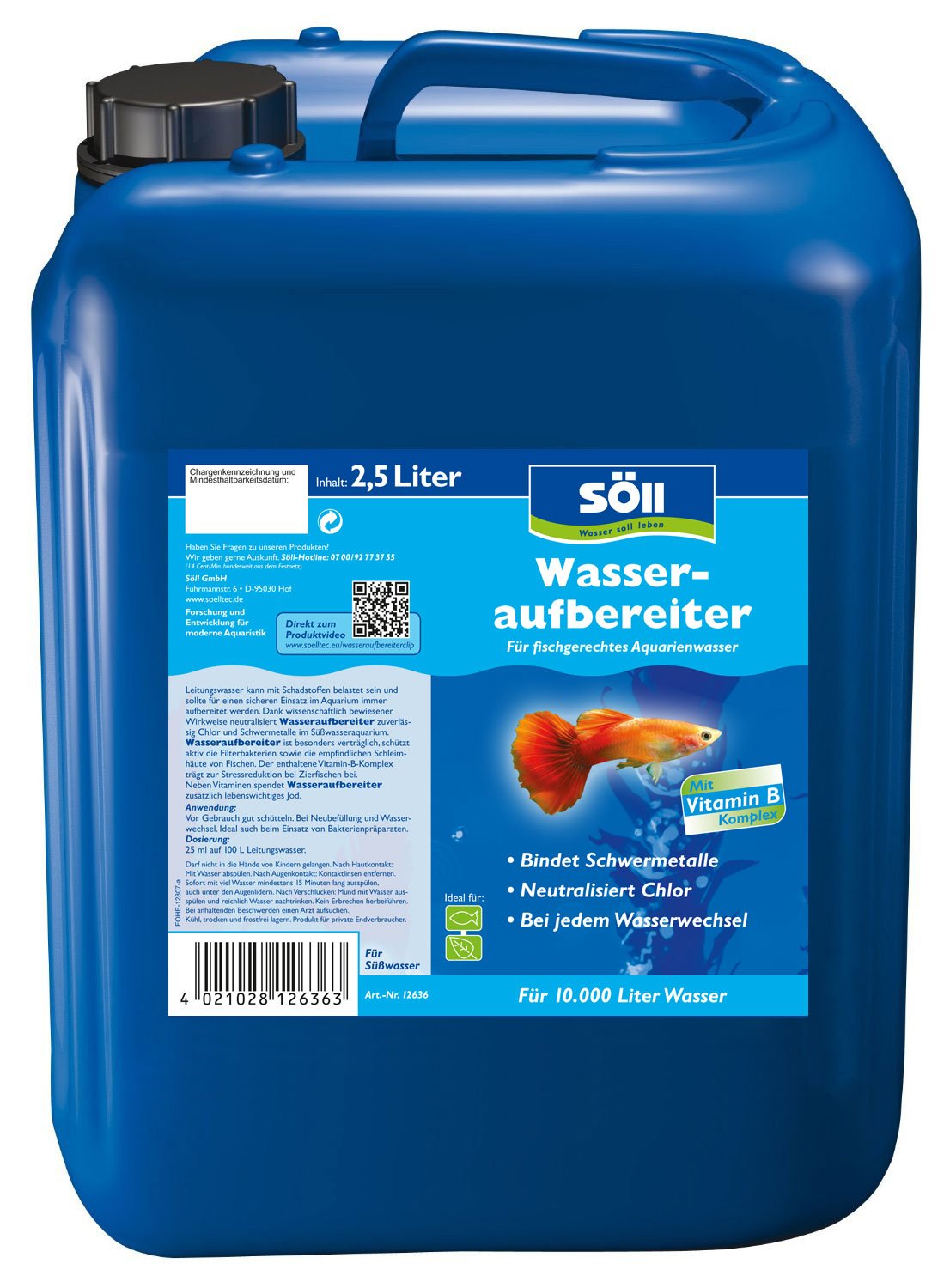 Söll Aqua 12636 Water Conditioner 2.5 Litres for 10,000 Litres of Aquarium Water – Water Purification for Tap Water in Freshwater Aquariums with Harmful Binding and Additional Vitamins