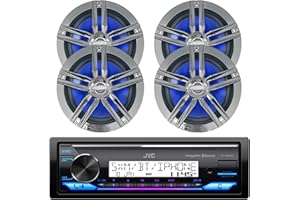 Enrock Marine Bundle Compatible with iPhone: Single din Bluetooth Boat Yacht Bike AUX USB Stereo Receiver, and 4 X 6.5 Black/Chrome Marine Speakers