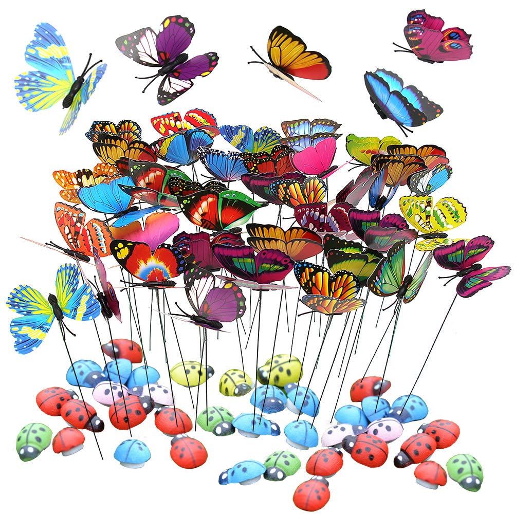 100PCS Colourful Garden Ornaments Sets, Garden Butterflies Stakes, Decorative ladybug for Plant Decoration, Garden, Yard, Patio