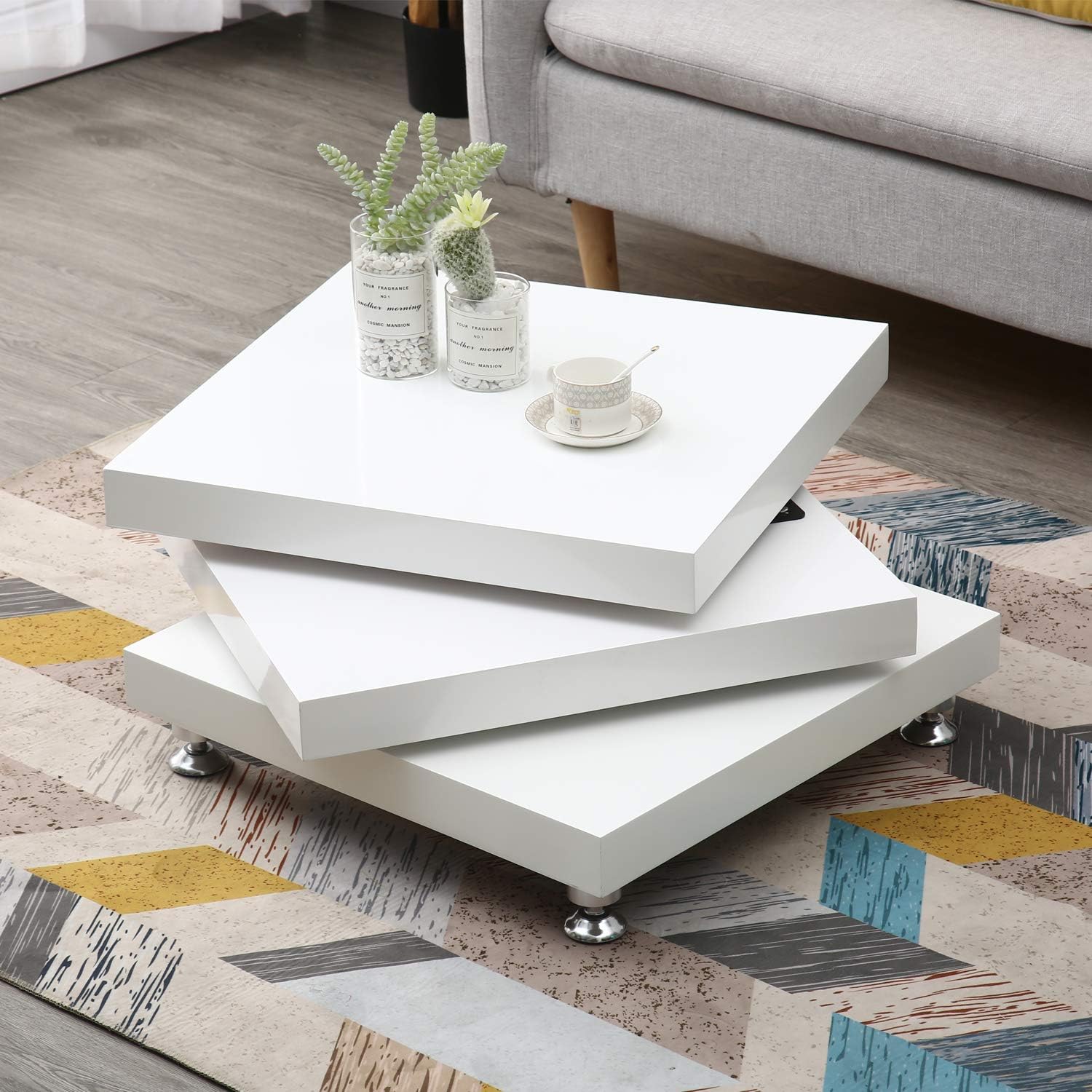 Uking 360 Rotating Coffee Table High Gloss Swivel Square Coffee Table Living Room Furniture 80cm 80 80 30 5cm White Amazon Co Uk Kitchen Home