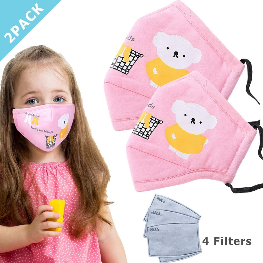 2 Pack Kids Mouth Mask with 4 Pcs PM2.5 Activated Carbon Filter, Dustproof Face Mouth Mask Cotton Mouth cover for Babies Kids for Outdoor (pink)