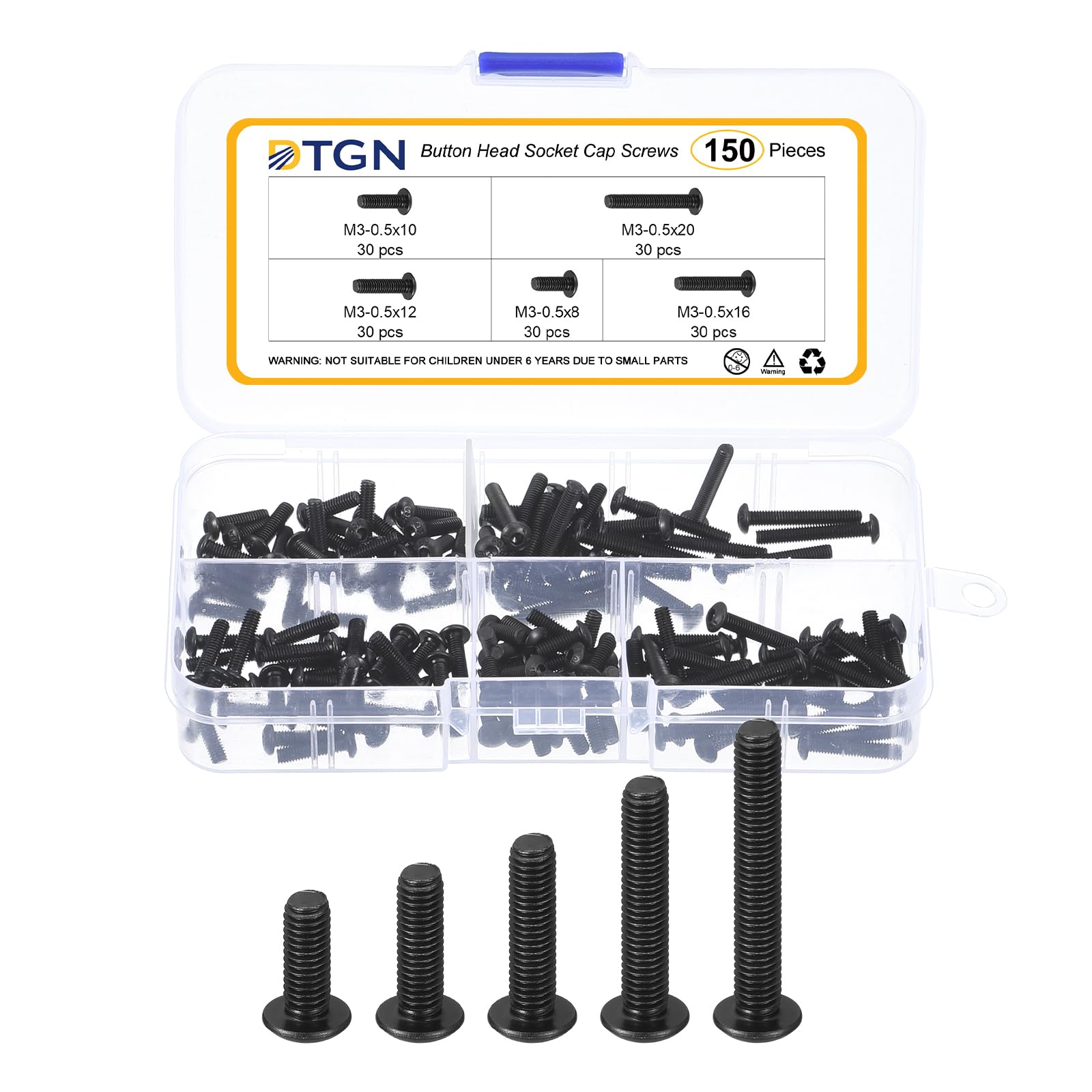 DTGN 150Pcs M3-0.5x8/10/12/16/20mm Button Head Socket Cap Screws - Carbon Steel Bolt Set Assortment Kit - Good for Road Bicycle, Mountain Bike, Auto