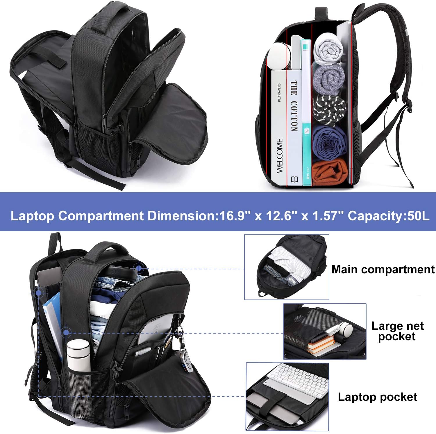 Extra Large 50L Travel Laptop Backpack,Water Resistant Work Backpack Bag with USB Charging Port,Anti Theft Big Business Backpack,College School Computer Rucksack for Men Women,Fits 17Inch Laptop-Black - Image 3
