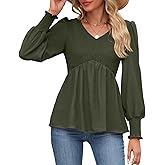 HEYTALALA Womens Long Sleeve Shirts V Neck Peplum Tops Dressy Casual Smocked Babydoll Blouses 2025 Fall Trendy Outfits