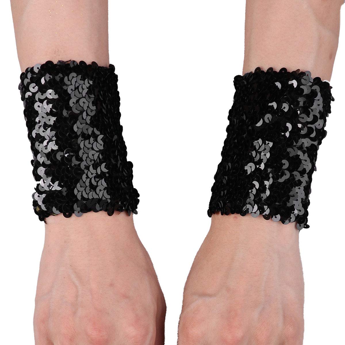 iEFiEL 1 Pair Women's Shiny Sequin Stretchy Oversleeves Sparkle Rave Dance Performance Costume Cuffs Black One Size