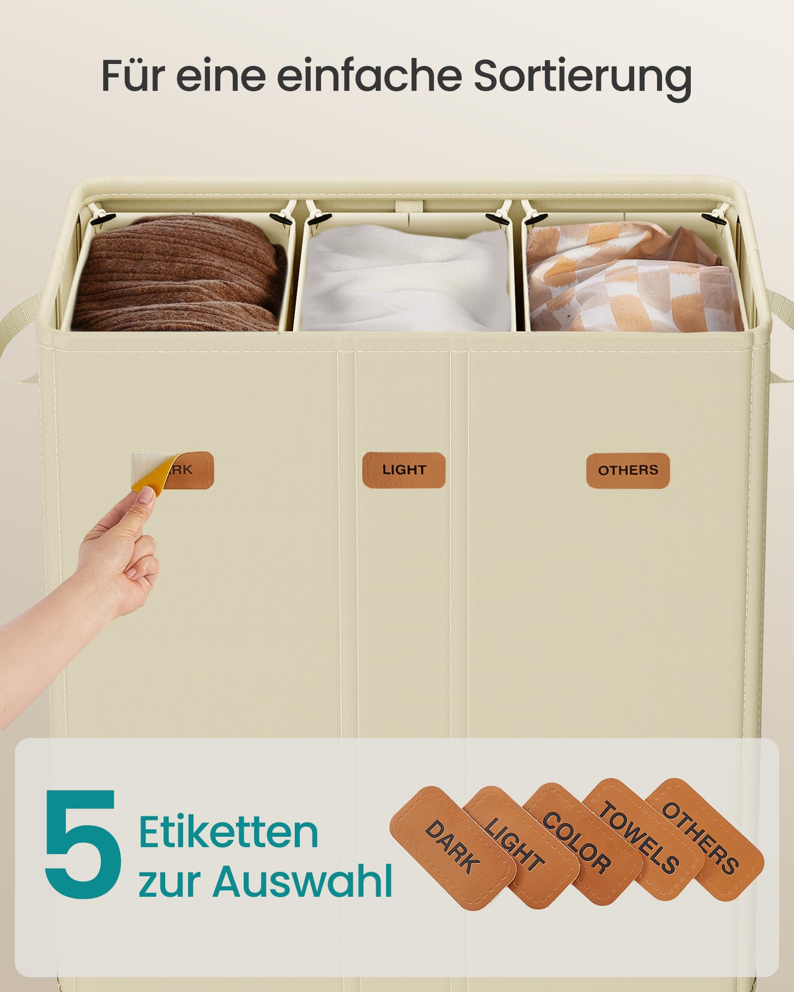 SONGMICS Wäschekorb mit 4 Fächern, 210 L, mit Deckel, 5 Etiketten, herausnehmbarer und waschbarer Innensack, Waschküche Schlafzimmer, dunkelgrau RLH014G01 4