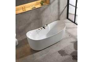 WhirlWell 71x31.5 in. Freestanding Bathtub with Black Faucet Set and Central Drain, White Acrylic Soaking Tub, Modern Oval De
