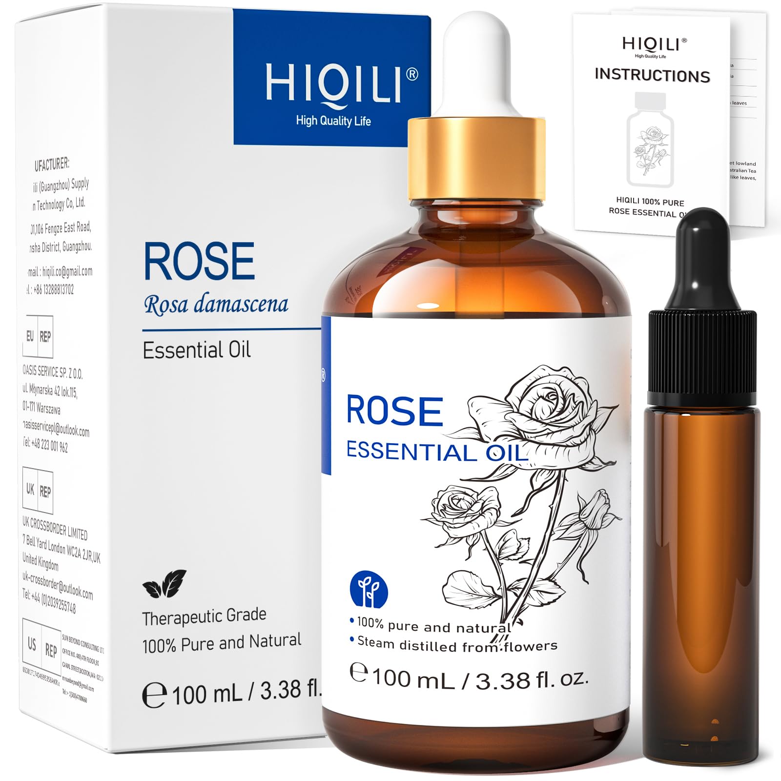 HIQILI Rose Oil Essential Oil, Premium Grade Rose Fragrance Oil for Diffuser, Skin, Hair, Candle Making, Soap Making, Large Bottle with Dropper - 3.38 Fl Oz