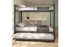 GNIXUU Metal Bunk Bed with Trundle Twin Over Twin Modern Bunk Beds with Slats Heavy Duty Bunkbed Frame for Adults,Teens,Boys and Girls. (Black)