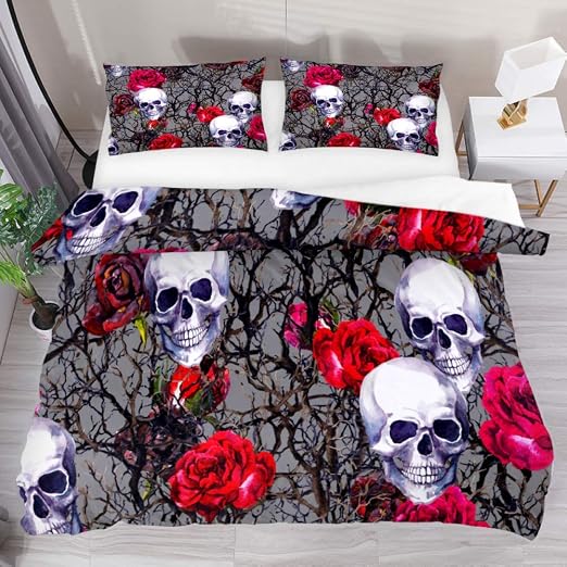 Amazon Com Qiaosheng Skull Roses 3 Piece Duvet Cover Bedding Sets California King Size Printed Comforter Bed Sheets Set With 2 Pillow Cases Shams With Zipper Closure For Kids Teen Boys Girls Home