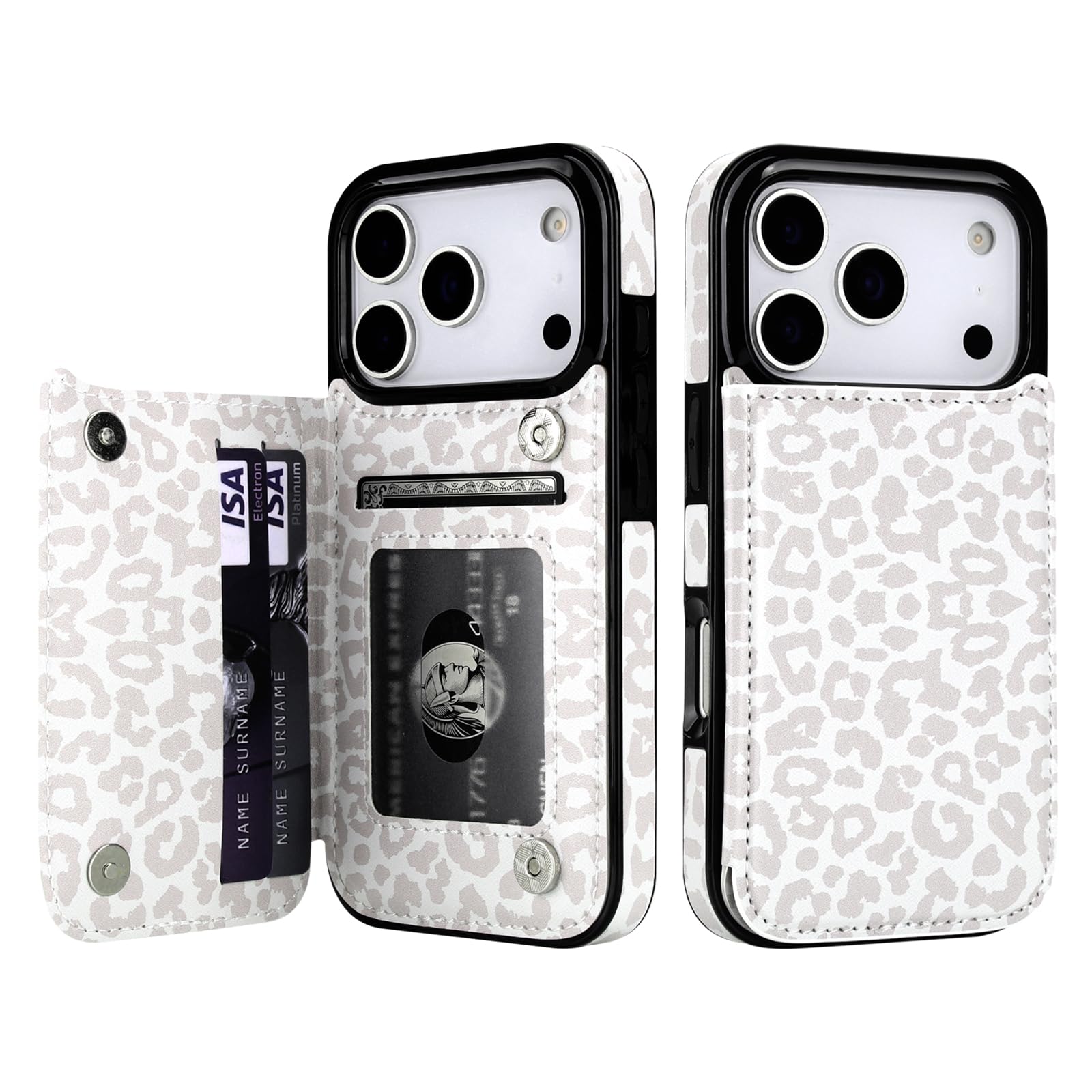 HAOPINSH Wallet Case with Card Holder for iPhone 17 Pro, White Leopard Cheetah Pattern Back Flip Folio PU Leather Kickstand Card Slots Case for Women, Double Magnetic Clasp Shockproof 6.3"