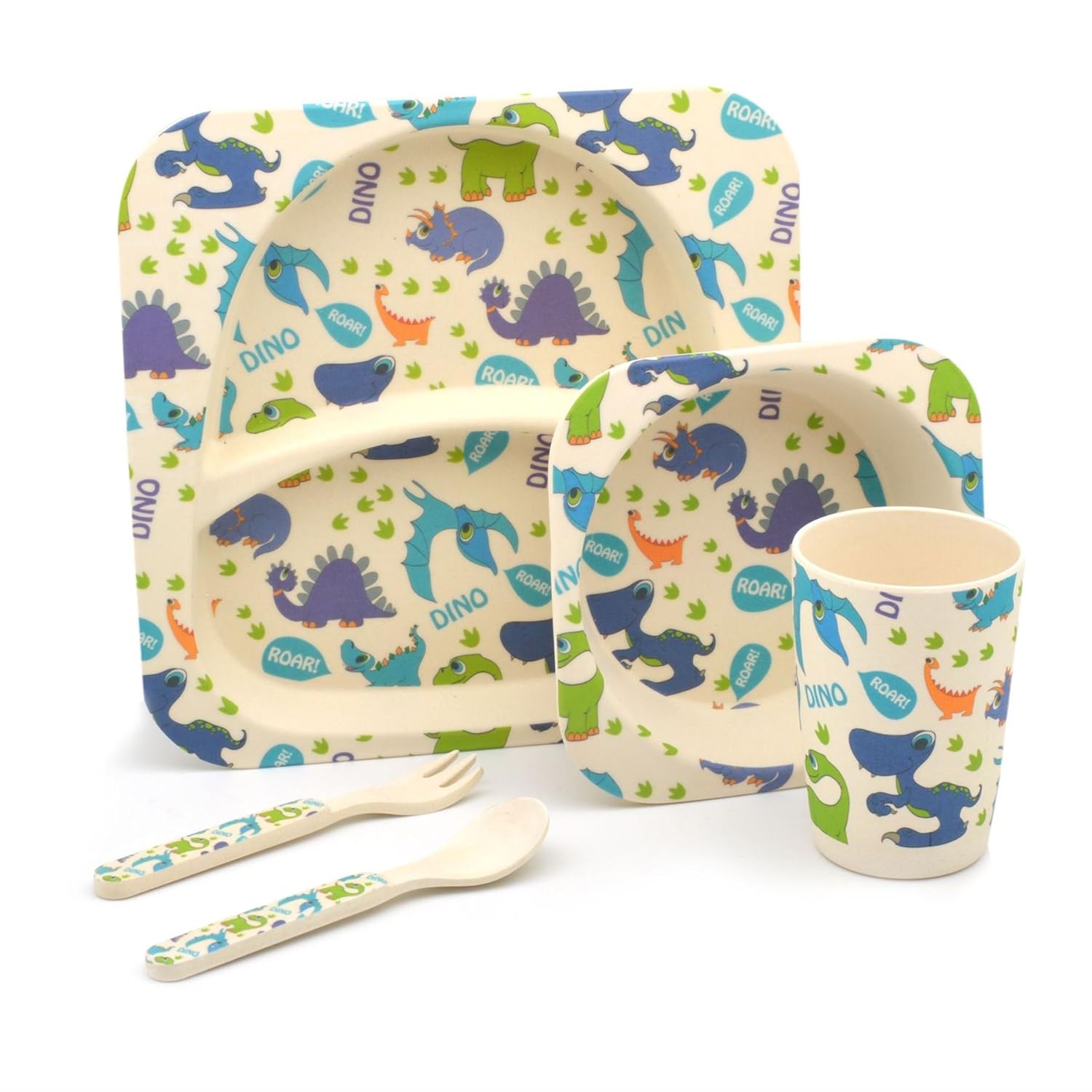 Tiny Dining Children's 5 Piece Bamboo Dinner Set Kids Plate, Bowl