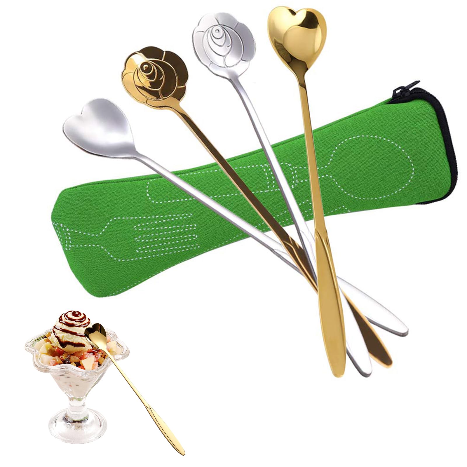 Long Stirring Spoon, Desert Spoons Stainless Steel Silver Gold Rose Heart Shaped Spoons for Iced Drinks Coffee Tea Milkshakes Ice Cream 4pcs, with Cutlery Bag 1pcs