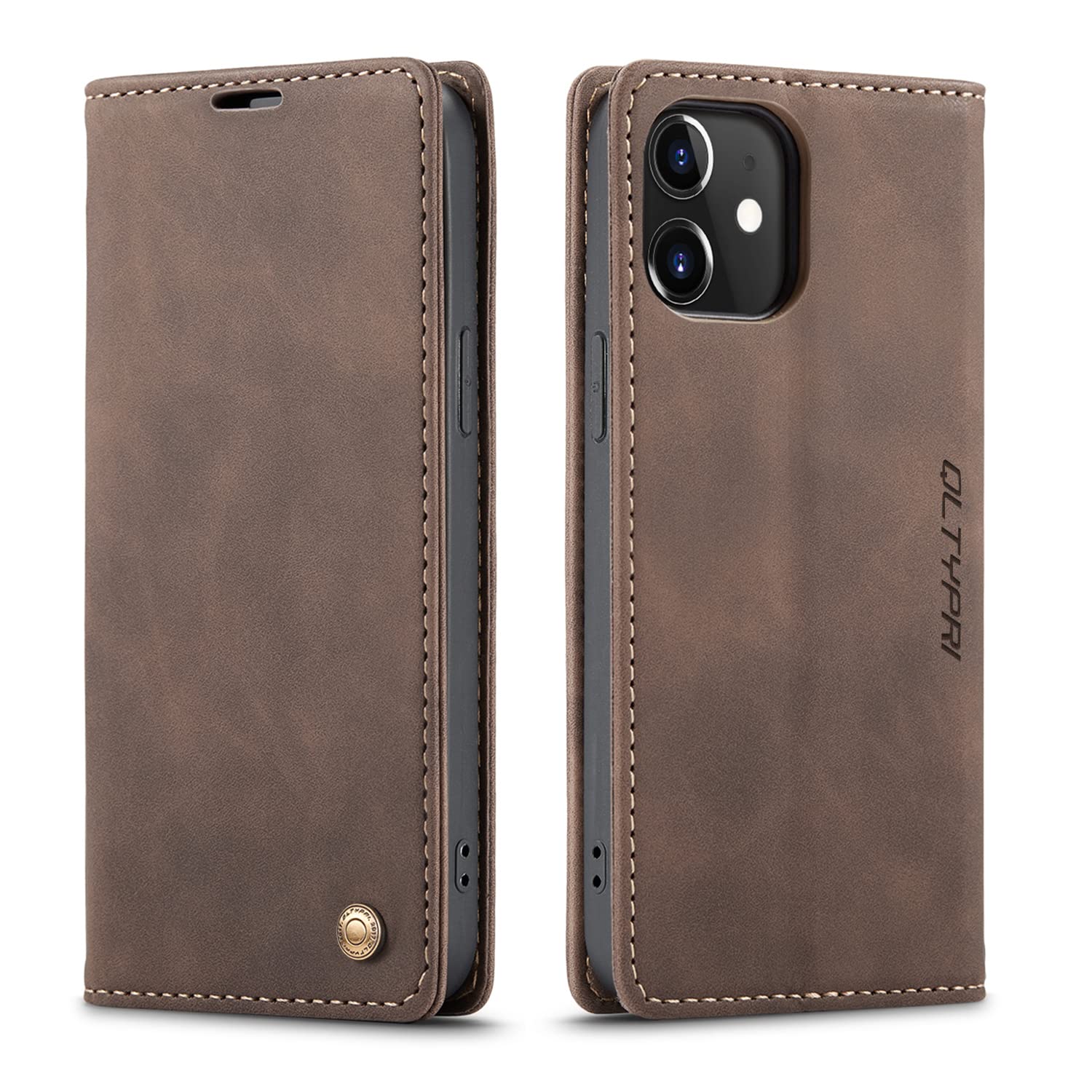 QLTYPRI Compatible with iPhone 12 Mini, Vintage PU Leather Wallet Case Card Slot Kickstand Magnetic Closure Shockproof Flip Folio Book Case Compatible with iPhone 12 Mini - Coffee Brown