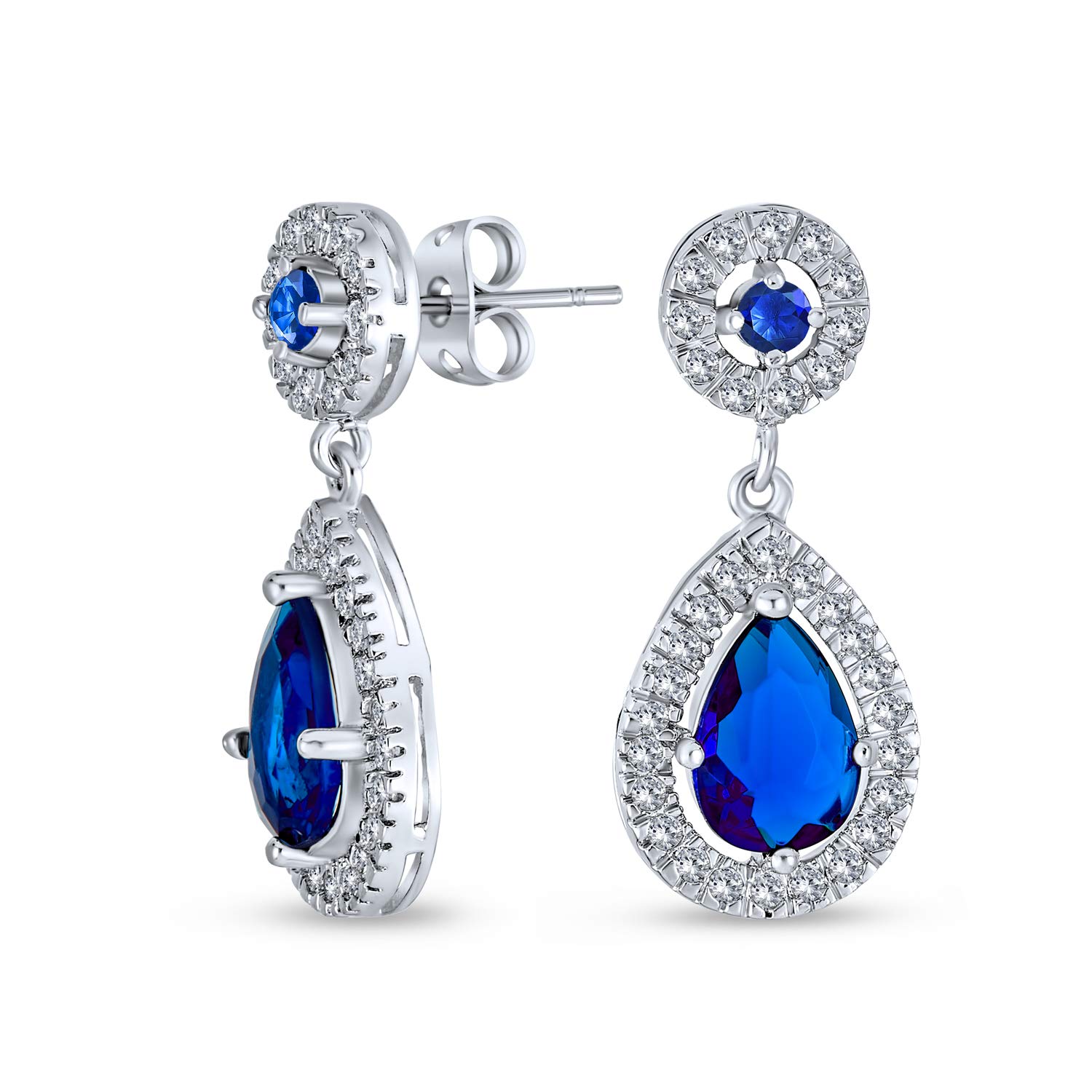 Fashion Blue CZ Halo Teardrop Drop Earrings For Women For Prom Simulated Sapphire Cubic Zirconia Silver Plated Brass โ image 1