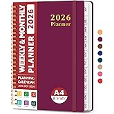 2026 Planner, Weekly and Monthly Calendar Planner, January 2026 - December 2026, Hardcover 2026 Calendar Book with Tabs For Women & Men, Inner Pocket, Spiral Bound, Perfect for Office Home School Supplies - A4 (8.5" x 11"), Crabberry Red