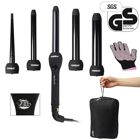 YORBAY Lockenstab 5in1 Set GS geprüft *Turmalin mit Keramikbeschichtung* mit verschiedenen Aufsätzen*Tragtasche*Schutzhandsch