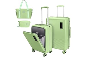 WireHot 2 Piece Luggage Sets with Spinner Wheels Front Open Pocket, ABS+PC Suitcase with TSA Lock & YKK Zipper, Carry On 20/24 inch Medium +Toiletry Bag+Handbag, Light Avocado Green