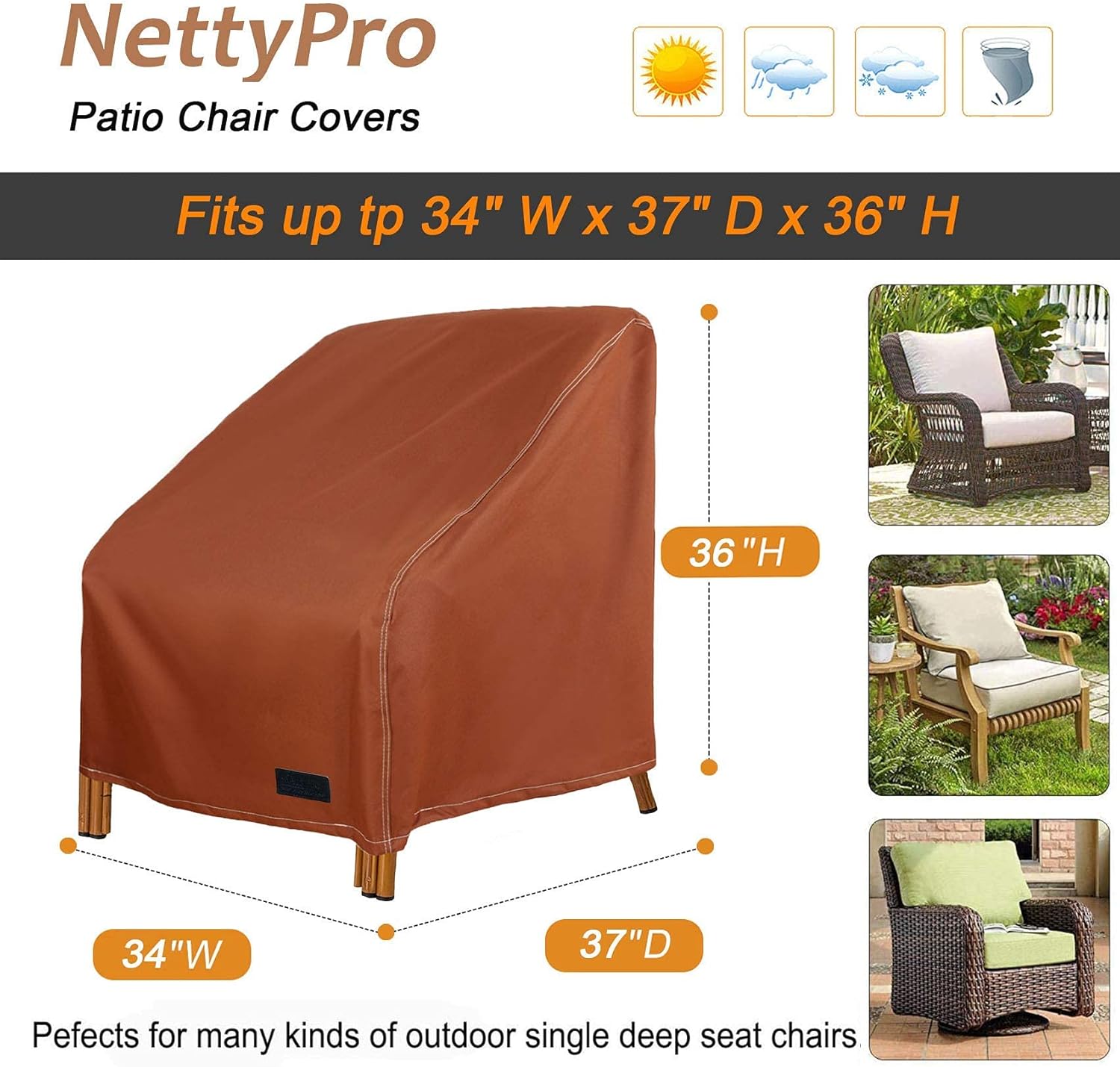 NettyPro Waterproof Patio Chair Covers 4 Pack Outdoor Lounge Deep Seat Armchair Cover (4 Pack - 34”W x 37”D x 36”H) : Garden & Outdoor