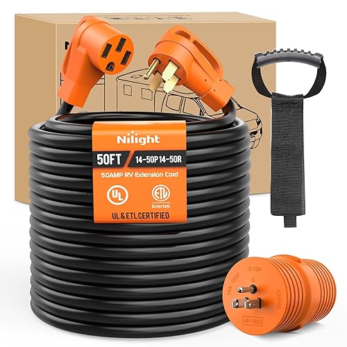 Nilight 50FT 50 Amp RV Extension Cord with Adapter 15Amp to 50Amp 250V Heavy Duty 6/3+8/1 Gauge Pure Copper STW Wire UL ETL Listed 4 Prong 14-50P 14-50R Weatherproof Suit for Generators Camper