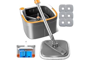 INWEJIA Spin Mop and Bucket Set with Self Separation Dirty and Clean Water System Self Wringing 360° Rotating Clean Mop-Head for Hardwood Tile Marble Floors with 6pads
