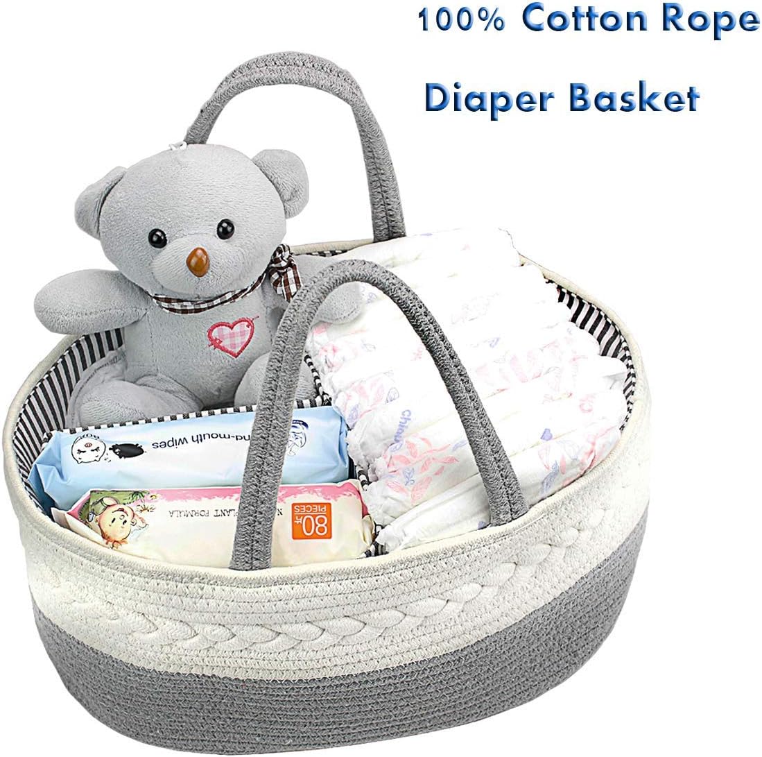 Esee Home Portable Baby Diaper Caddy Organizer Basket Pure Cotton Rope Storage Basket with Handle and Divider for Diaper, Toy, Baby Shower Newborn Registry Must Have