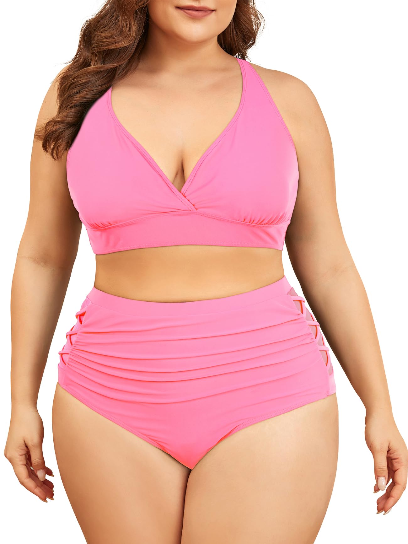 Photo 1 of Womens Plus Size Swimsuit Two Piece Tummy Control Bathing Suits High Waisted Plus Size Bikini Swimwear Pink 16 Plus