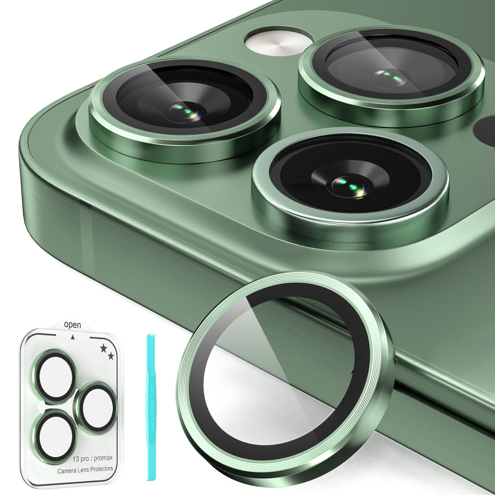 imluckies Camera Lens Protector Compatible with iPhone 13 Pro / 13 Pro Max, Premium Tempered Glass Circle Film, Aluminum Alloy Full Fit Lens Ring Cover, [Anti-Scratch] Green