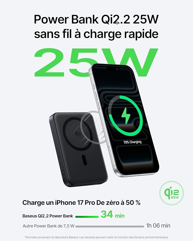 EnerFill FM21 Qi2.2 25W Magsafe Powerbank, Batterie Externe Magnétique 10000 mAh, PD USB C 45W Charge Rapide, Power Bank pour iPhone 18 17 16 15 Pro Max