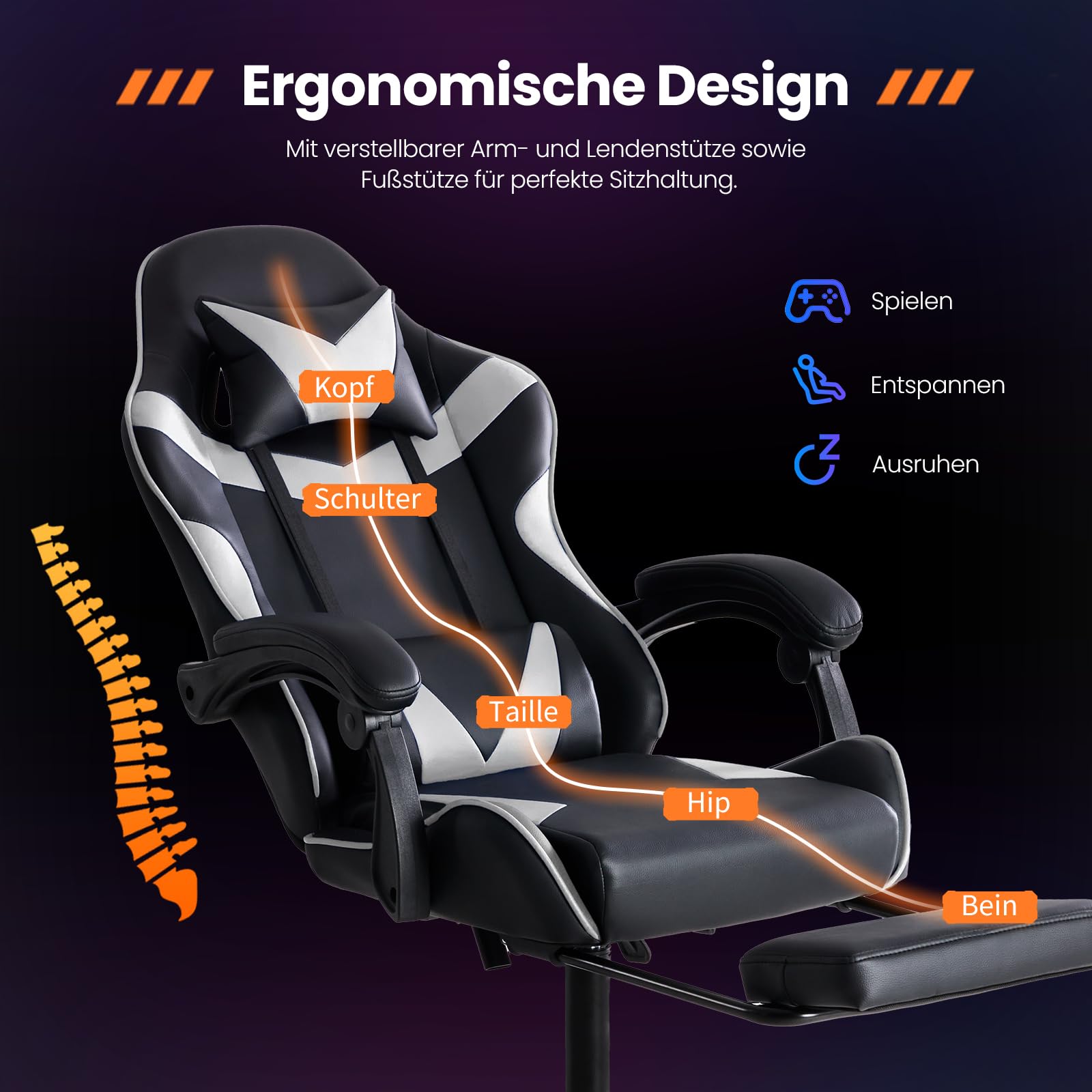 Sweetcrispy Gaming Stuhl, Gaming Chair mit Fußstütze Kopfstütze Lendenwirbelstütze, Ergonomischer PC Stuhl, Höhenverstellbarer Bürostuhl Computerstuhl, Drehbarer Schreibtischstuhl, Modernes Weiß 3