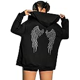 Floerns Women's Plus Size Long Sleeve Zip Up Hoodie Drop Shoulder Rhinestone Vintage Loose Sweatshirt