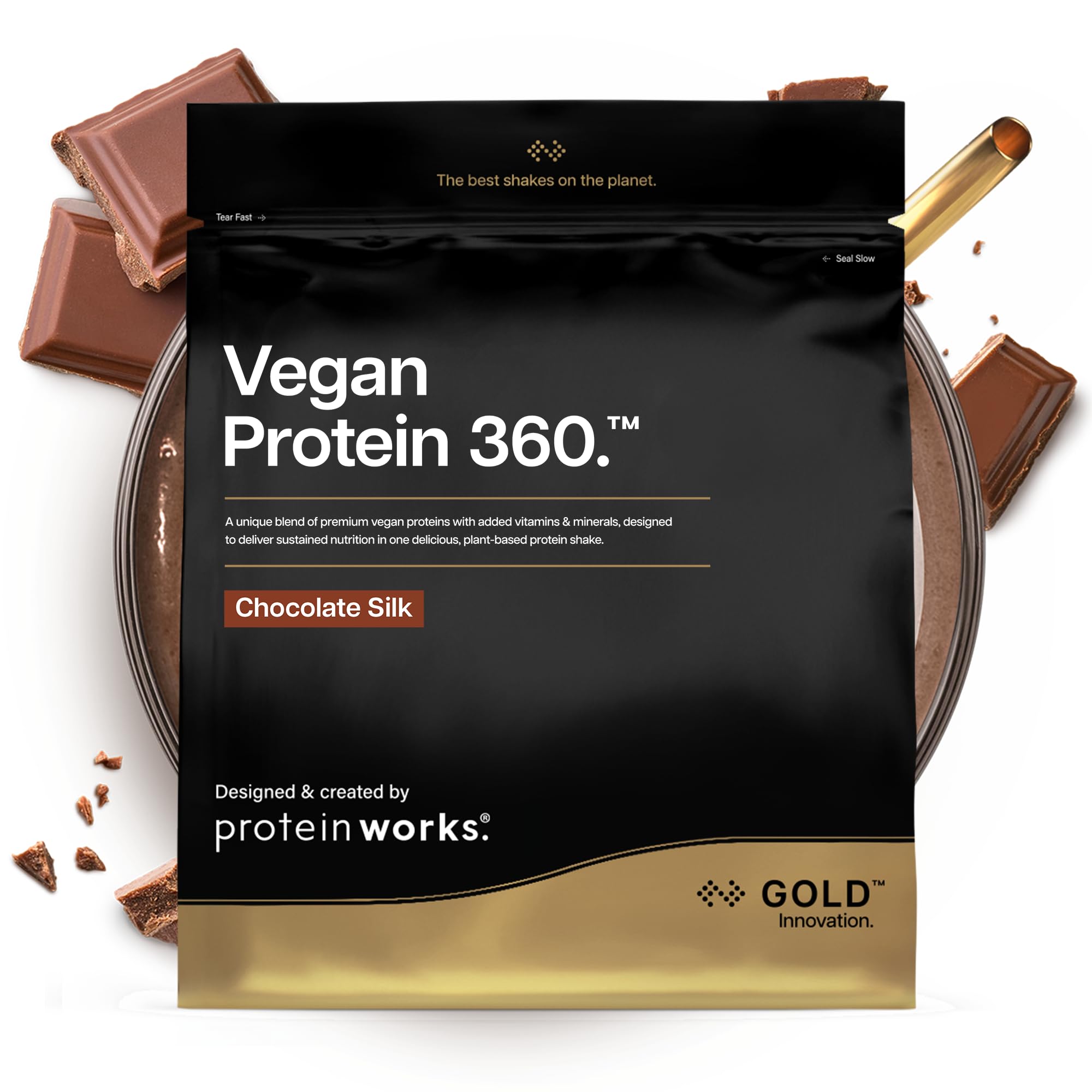 Protein Works | Vegan Protein 360 - Gold Innovation, Chocolate Silk, 66 Servings, 100% Plant Based & Natural, Premium Multi-Protein Blend, Low Fat Shake, Low Calorie Shake, 2kg