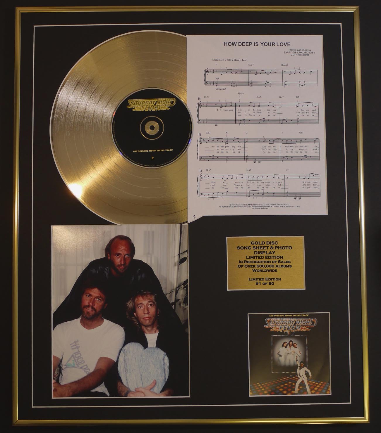 BEE GEES/CD GOLD DISC, SONG SHEET & PHOTO DISPLAY/LTD. EDITION/COA/ALBUM SATURDAY NIGHT FEVER/SONG SHEET, HOW DEEP IS YOUR LOVE